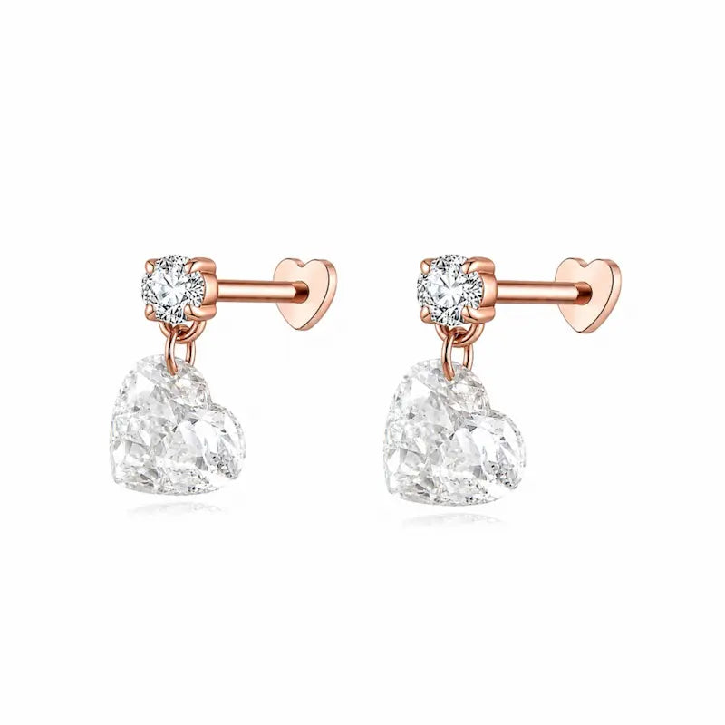 Heart Floating Lab Grown Diamond Dangle Threaded Stud Earring in 18K Solid Gold by LTM & CO.™, featuring a 0.5ct heart diamond suspended below a round accent for a floating light effect.