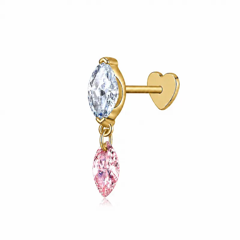 18K solid gold Blue and Pink Marquise Dangle Stud featuring a vivid blue marquise lab-grown diamond suspending a floating pink marquise diamond. The sculptural elongated silhouette creates fluid movement, chromatic brilliance, and modern editorial luxury jewelry styling.