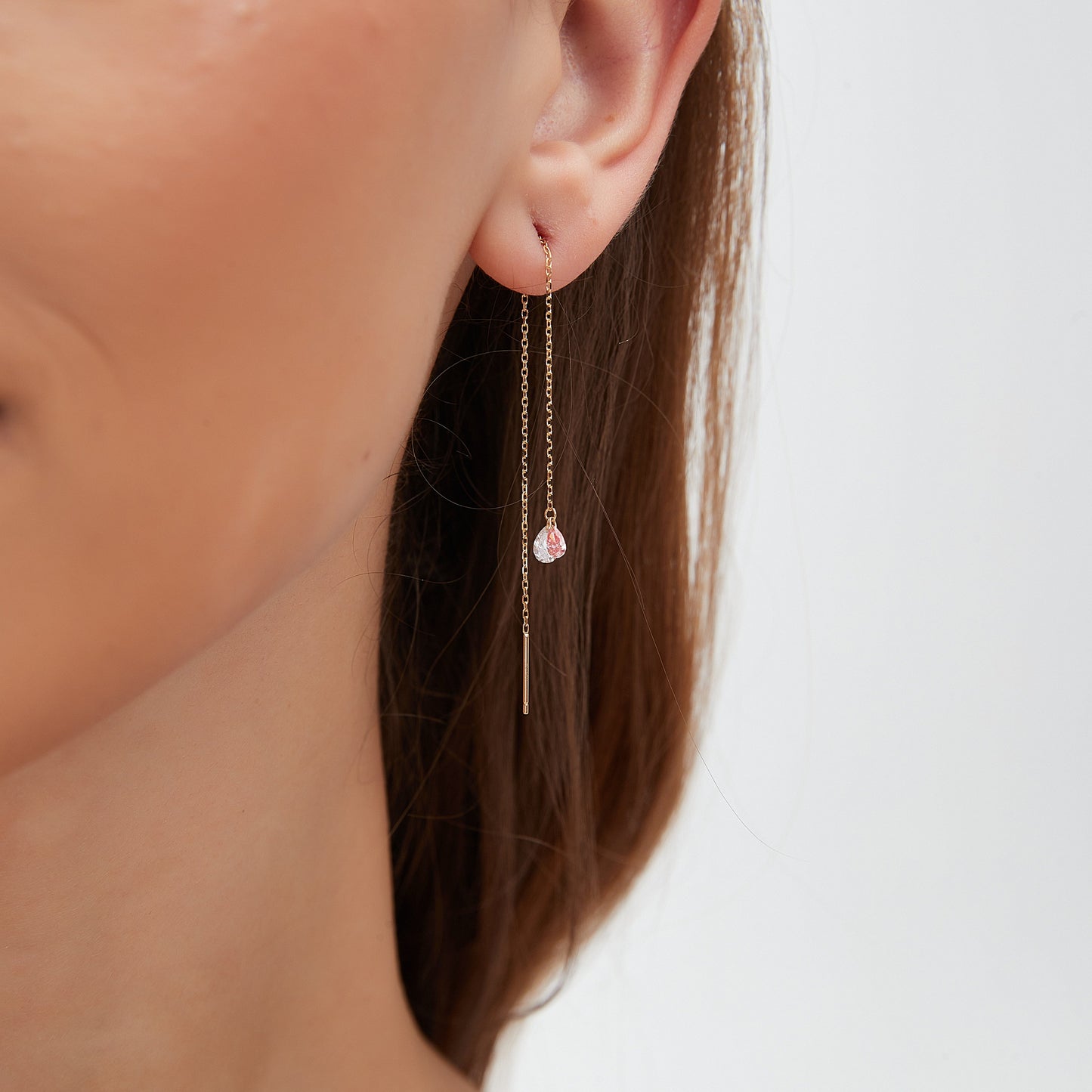 Floating Pink/White Pear Diamond Threader Earring - LTM JEWELS