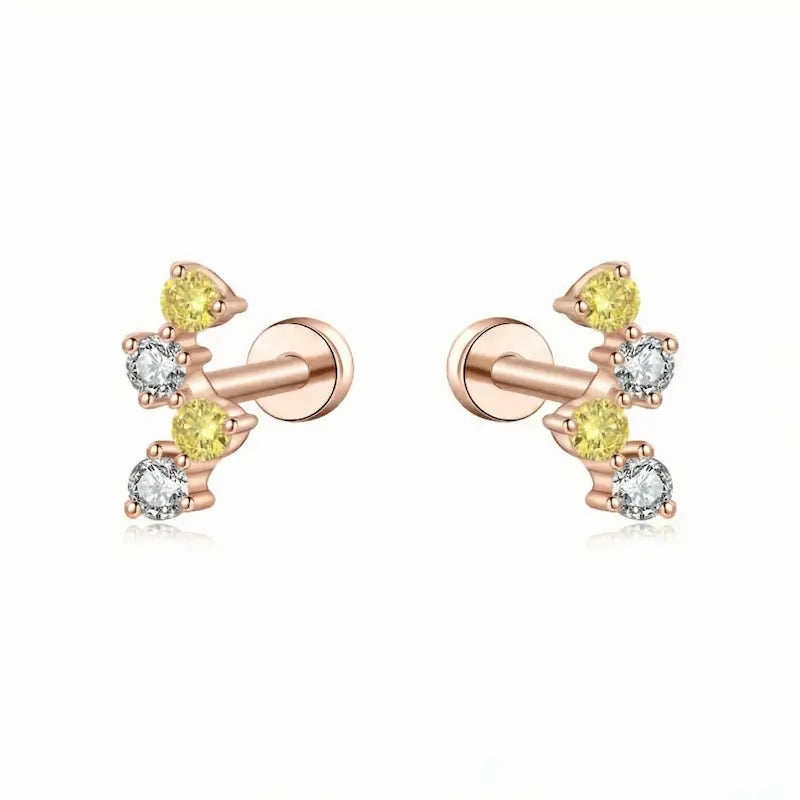 A high-resolution studio photo of the Double Yellow Double White Threaded Stud by LTM & CO.™. Features a minimalist arrangement of two yellow and two white diamonds totaling 0.08ctw in handcrafted 18K solid gold (AU750). The image captures the warm brilliance of the yellow stones and the crystalline D-E fire of the white diamonds, highlighting the VVS-VS clarity and the premium professional piercing engineering of the Solar Radiance collection.