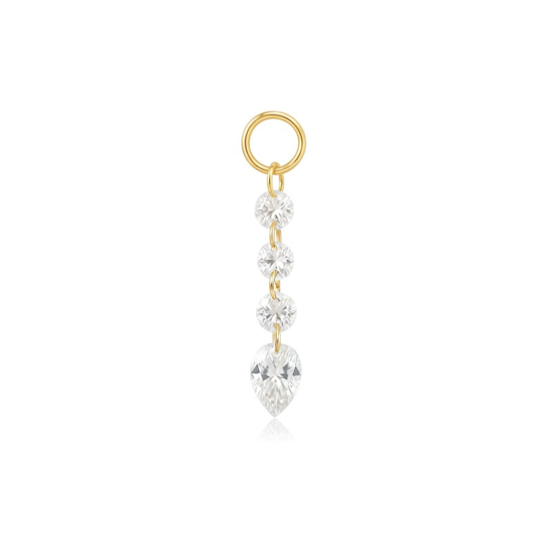 Gold earring with clear gemstones on a white background