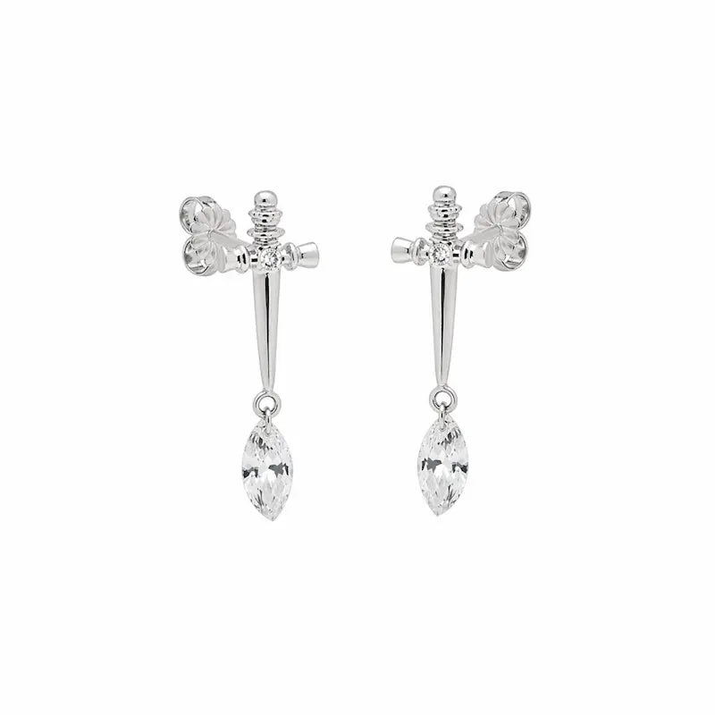 Sword Marquise Dangle Threaded Stud Earring in 18K solid gold by LTM & CO.™, featuring a sharp sword motif with marquise diamond drop.