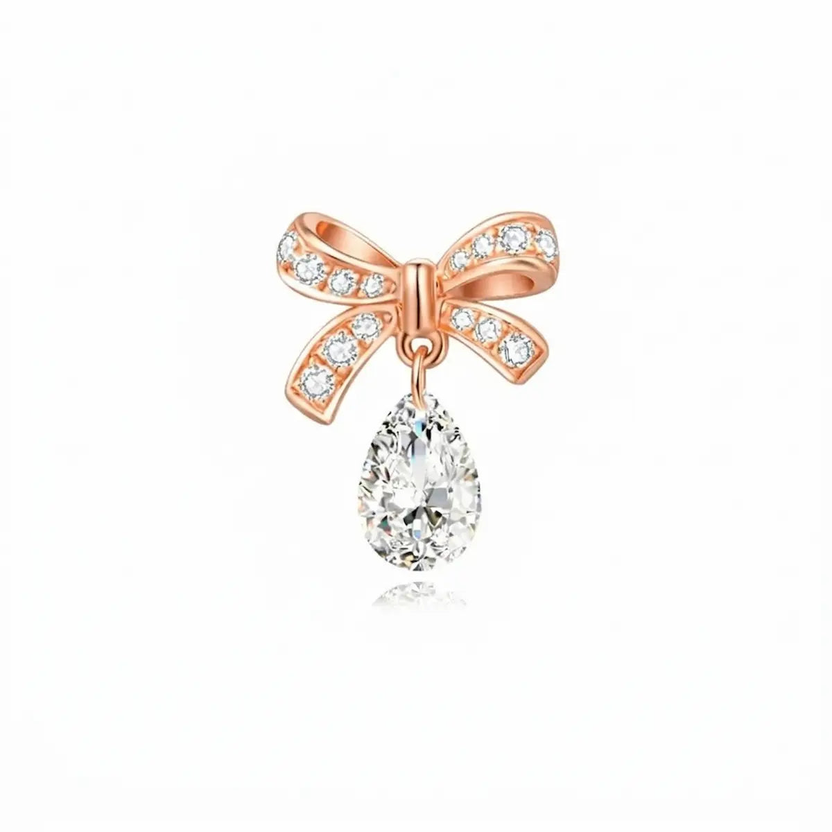 A professional front view of the Butterfly Bow Pear Diamond Dangle Stud in 18K solid gold, featuring a delicate gold bow stud with a suspended, brilliant pear-shaped lab diamond on a white background.