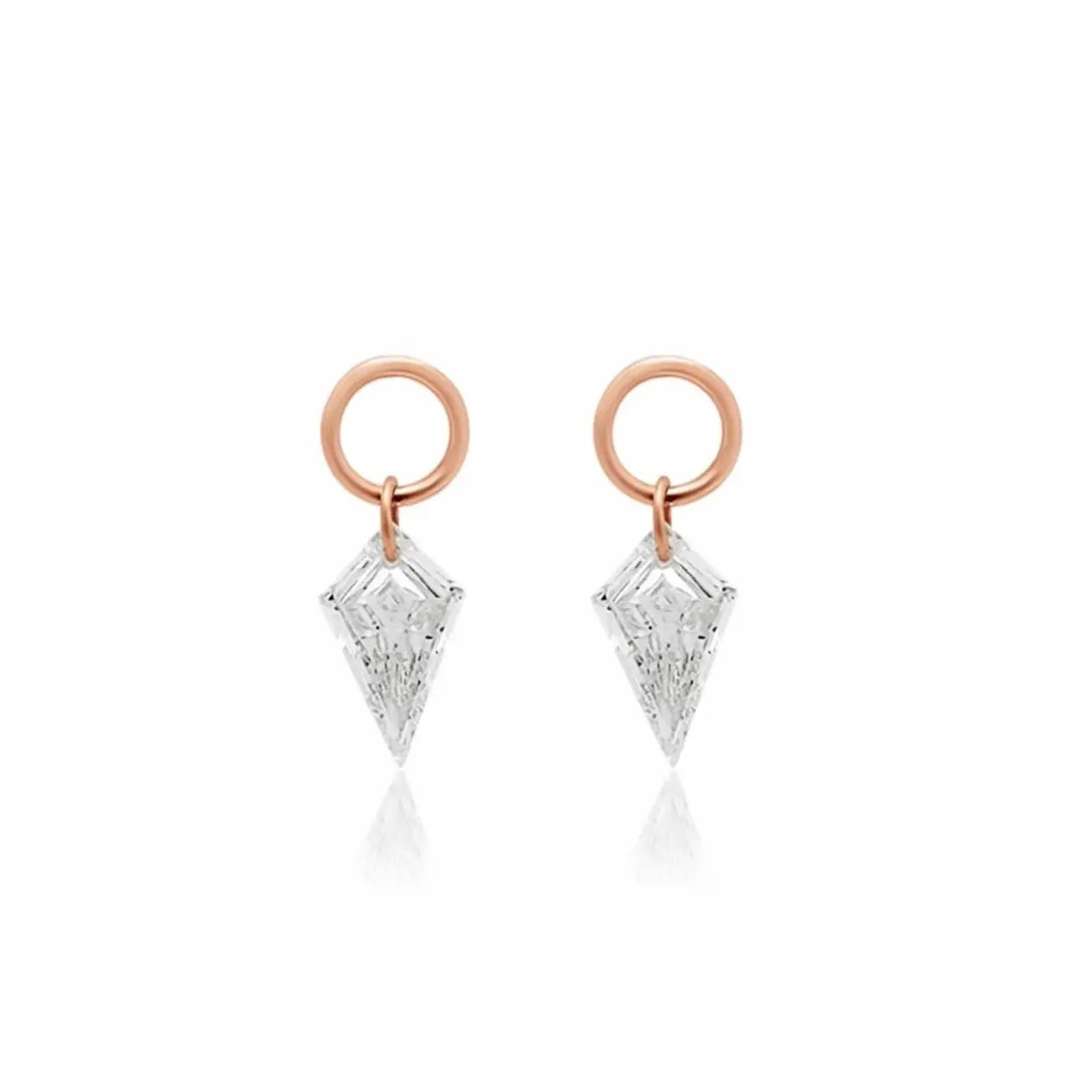 This main product image showcases the Kite Diamond Earring Charm from the Architectural Rhythm collection by LTM & CO., suspended gracefully against a pure white background. The centerpiece is a meticulously faceted, ethically sourced lab-grown diamond cut into a striking, elongated kite shape, embodying modern geometric precision. At the apex of the kite, the brand's signature, innovative laser-drilling technology is clearly visible, completely bypassing traditional, bulky prong or bezel settings.