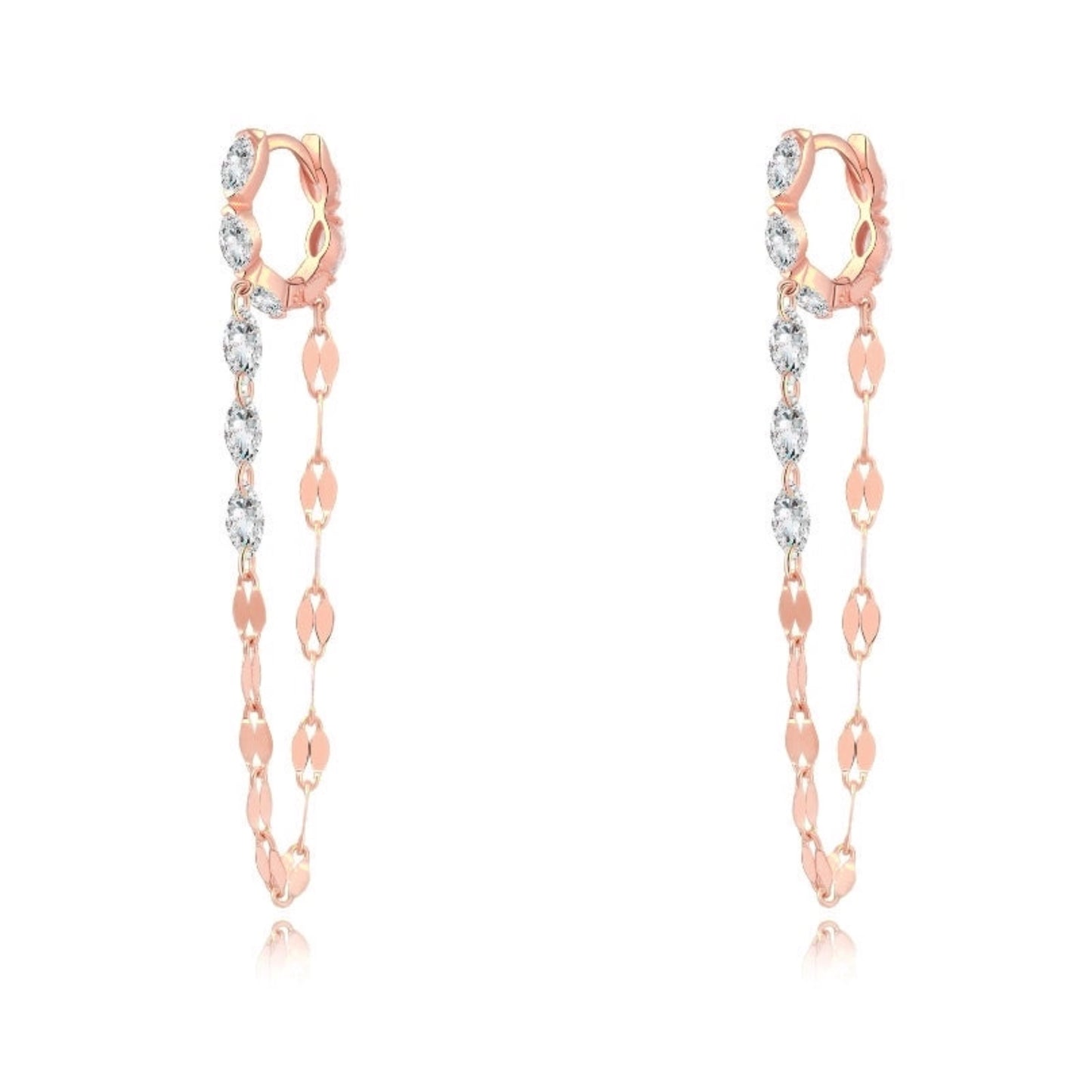 A professional front-facing studio shot of the Marquise and Chain Dangle White Diamond Hoop from the LTM Jewels Geometric Sway collection. This 18K solid gold (Au750) earring features a 7mm huggie hoop set with five marquise diamonds and a suspended gold chain holding three additional white marquise stones. The high-contrast white background emphasizes the architectural liquid light effect and the sophisticated brilliance of the 0.40ctw lab-grown diamond arrangement.