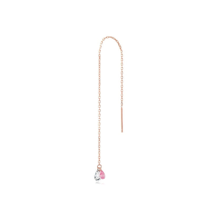 18K solid gold threader chain featuring one pink pear diamond and one white pear diamond drop.