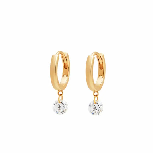 18K Solid Gold Floating Round Lab Diamond Dangle Hoop Earring | Radiant Drift