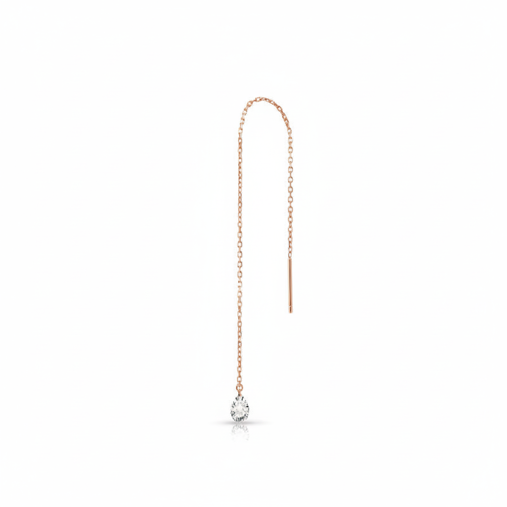 Minimalist 18K solid gold threader chain with a single white pear-cut diamond.