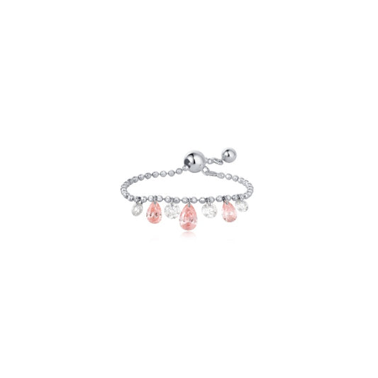 18K solid gold chain ring featuring floating pink diamonds on white background.