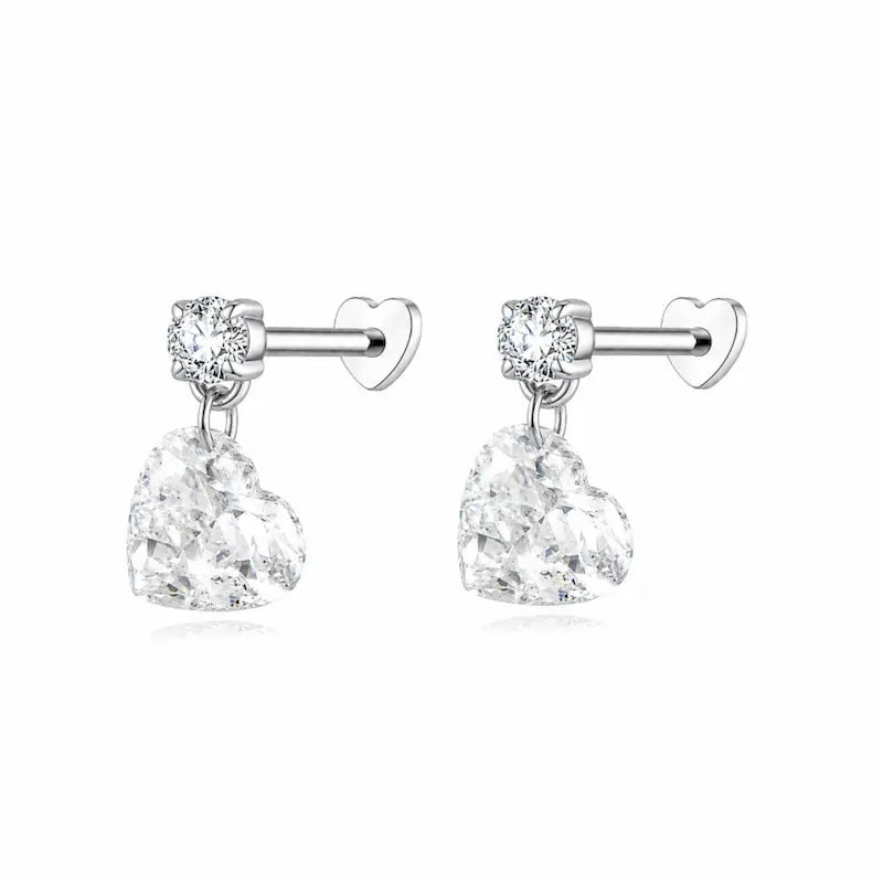 Heart Floating Lab Grown Diamond Dangle Threaded Stud Earring in 18K Solid Gold by LTM & CO.™, featuring a 0.5ct heart diamond suspended below a round accent for a floating light effect.