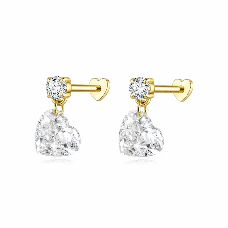 Heart Floating Lab Grown Diamond Dangle Threaded Stud Earring in 18K Solid Gold by LTM & CO.™, featuring a 0.5ct heart diamond suspended below a round accent for a floating light effect.