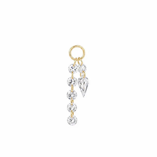 18K solid gold asymmetric kite and round diamond connecting charm featuring two suspended floating diamond strands from LTM Jewels’ Celestial Drift collection. One strand showcases five cascading round lab-grown diamonds while the second strand pairs a round diamond with an elongated kite-cut diamond silhouette.