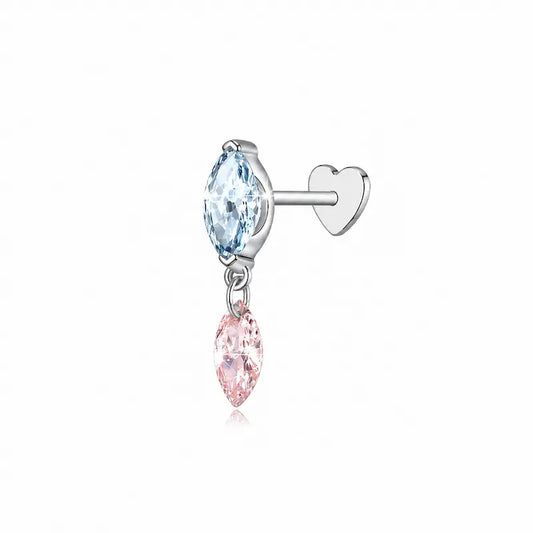 18K solid gold Blue and Pink Marquise Dangle Stud featuring a vivid blue marquise lab-grown diamond suspending a floating pink marquise diamond. The sculptural elongated silhouette creates fluid movement, chromatic brilliance, and modern editorial luxury jewelry styling.