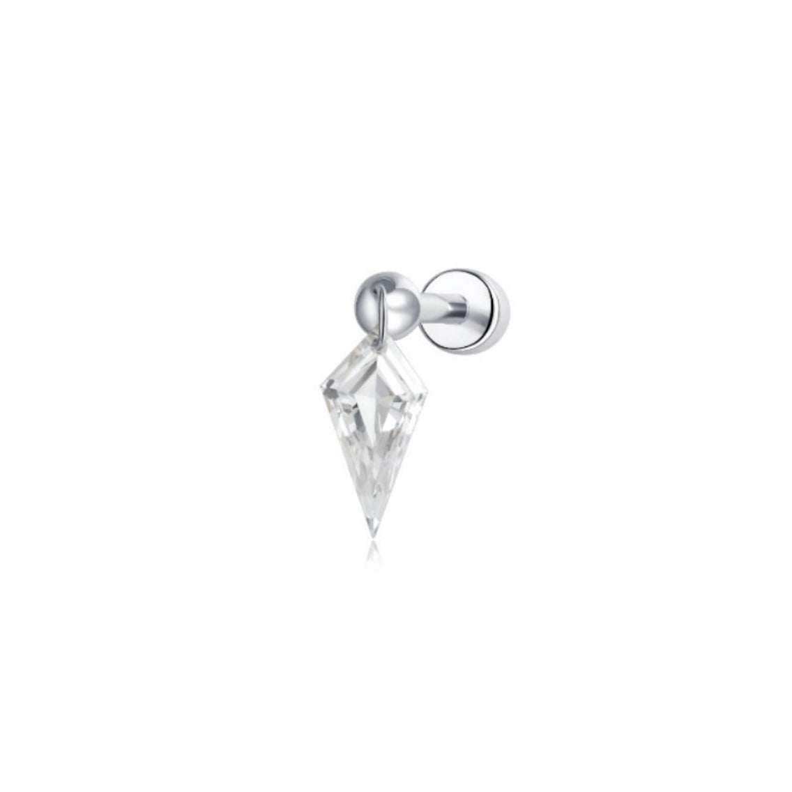 18K solid gold Kite Threaded Dangle Stud featuring a floating kite-cut lab-grown diamond with sharp geometric brilliance and architectural movement. The sculptural minimalist silhouette creates contemporary luxury curated ear styling inspired by editorial fine jewelry design.