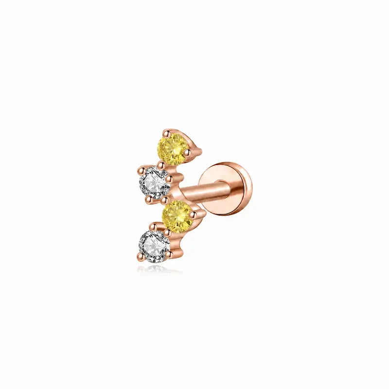 A high-resolution studio photo of the Double Yellow Double White Threaded Stud by LTM & CO.™. Features a minimalist arrangement of two yellow and two white diamonds totaling 0.08ctw in handcrafted 18K solid gold (AU750). The image captures the warm brilliance of the yellow stones and the crystalline D-E fire of the white diamonds, highlighting the VVS-VS clarity and the premium professional piercing engineering of the Solar Radiance collection.
