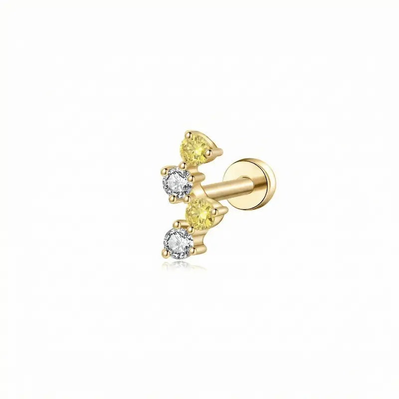 A high-resolution studio photo of the Double Yellow Double White Threaded Stud by LTM & CO.™. Features a minimalist arrangement of two yellow and two white diamonds totaling 0.08ctw in handcrafted 18K solid gold (AU750). The image captures the warm brilliance of the yellow stones and the crystalline D-E fire of the white diamonds, highlighting the VVS-VS clarity and the premium professional piercing engineering of the Solar Radiance collection.