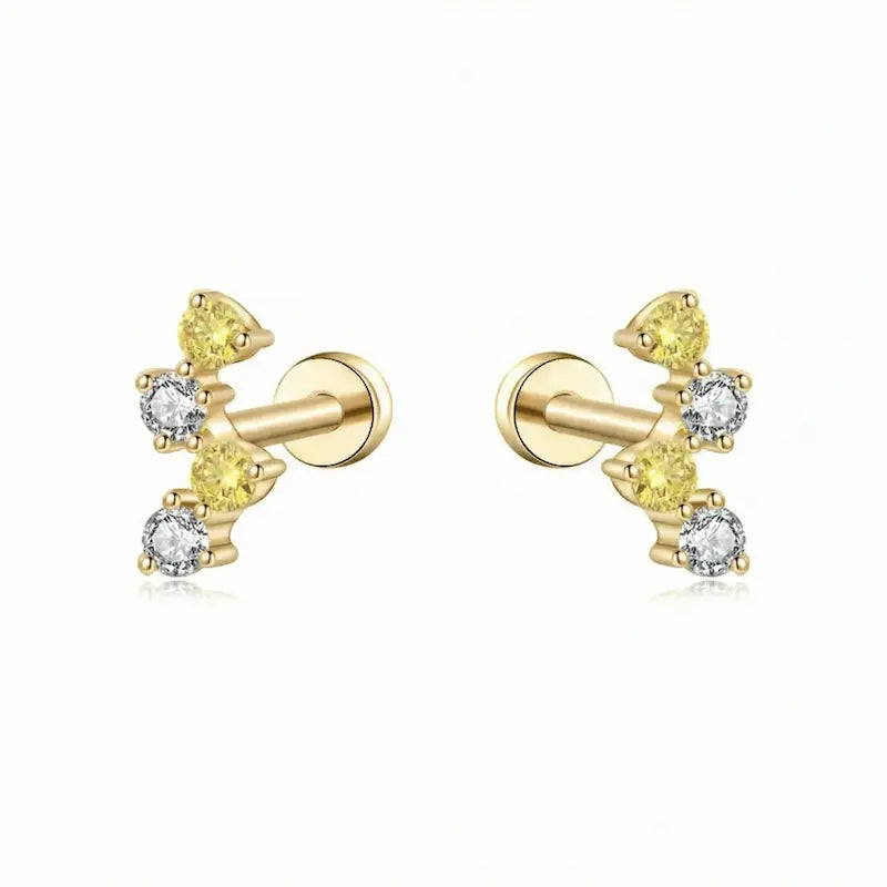 A high-resolution studio photo of the Double Yellow Double White Threaded Stud by LTM & CO.™. Features a minimalist arrangement of two yellow and two white diamonds totaling 0.08ctw in handcrafted 18K solid gold (AU750). The image captures the warm brilliance of the yellow stones and the crystalline D-E fire of the white diamonds, highlighting the VVS-VS clarity and the premium professional piercing engineering of the Solar Radiance collection.