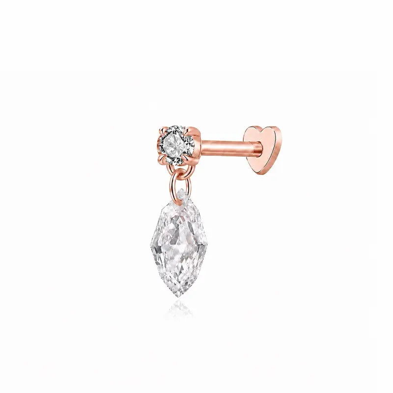 18K solid gold Step Cut Marquise Round Threaded Dangle Stud featuring a floating step-cut marquise lab-grown diamond suspended beneath a round diamond accent. The sculptural geometric silhouette creates architectural brilliance, multidimensional light, and modern luxury curated ear styling.