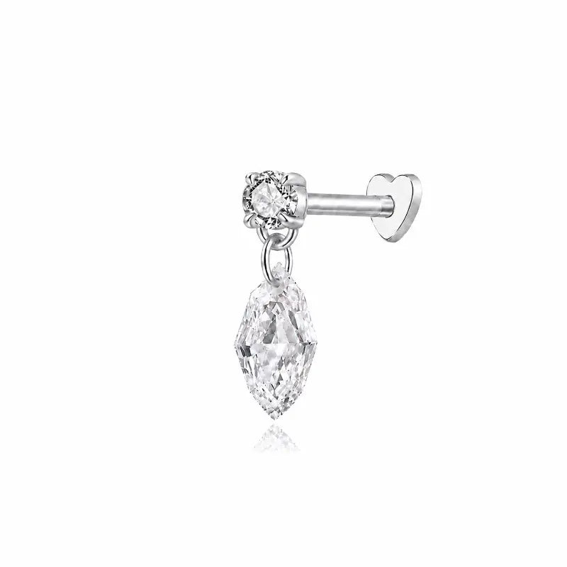 18K solid gold Step Cut Marquise Round Threaded Dangle Stud featuring a floating step-cut marquise lab-grown diamond suspended beneath a round diamond accent. The sculptural geometric silhouette creates architectural brilliance, multidimensional light, and modern luxury curated ear styling.