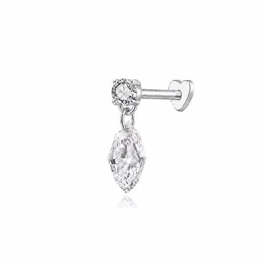 18K solid gold Step Cut Marquise Round Threaded Dangle Stud featuring a floating step-cut marquise lab-grown diamond suspended beneath a round diamond accent. The sculptural geometric silhouette creates architectural brilliance, multidimensional light, and modern luxury curated ear styling.