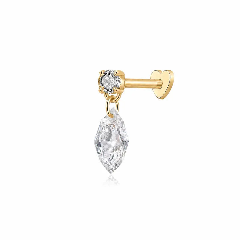 18K solid gold Step Cut Marquise Round Threaded Dangle Stud featuring a floating step-cut marquise lab-grown diamond suspended beneath a round diamond accent. The sculptural geometric silhouette creates architectural brilliance, multidimensional light, and modern luxury curated ear styling.