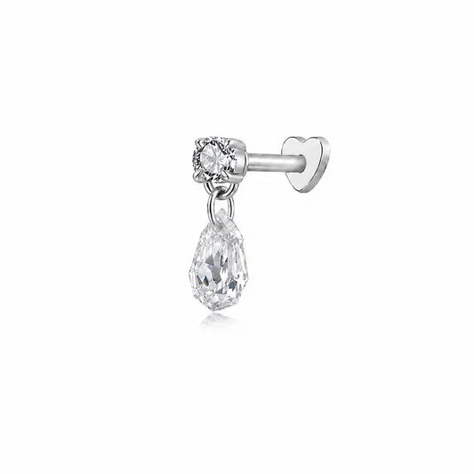 A high-resolution photo of the Step Cut Pear Round Threaded Dangle Stud from LTM & CO.™. Features a brilliant round diamond connected to a hanging step-cut pear diamond in 18K solid gold (AU750). The image highlights the "hall-of-mirrors" effect of the step-cut gemstone and the crystalline VVS-VS clarity of the D-E color diamonds, showcasing the geometric precision of the Architectural Rhythm collection.