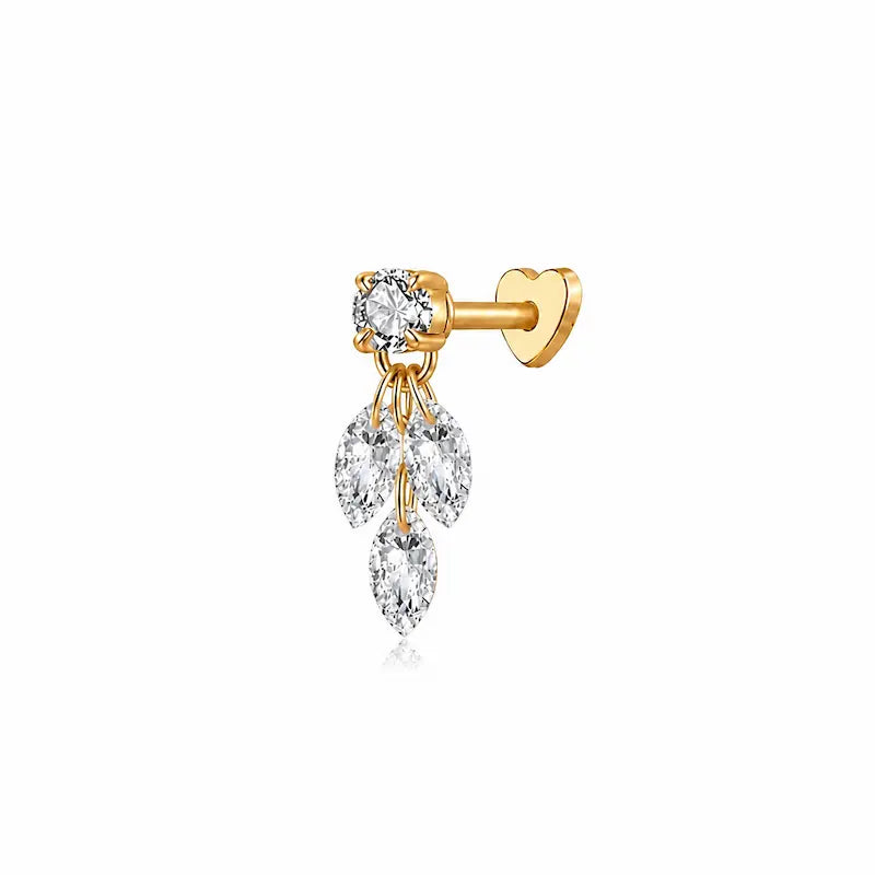 Marquise Triple Dangle Threaded Stud Earring in 18K solid gold by LTM & CO.™, featuring a round diamond base with three cascading marquise diamonds in a refined geometric design
