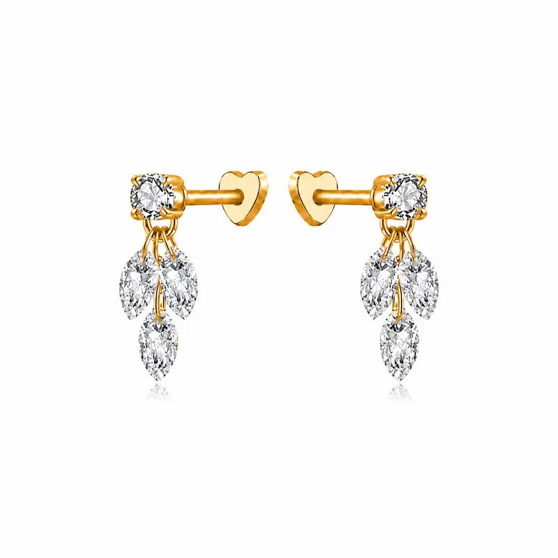Marquise Triple Dangle Threaded Stud Earring in 18K solid gold by LTM & CO.™, featuring a round diamond base with three cascading marquise diamonds in a refined geometric design