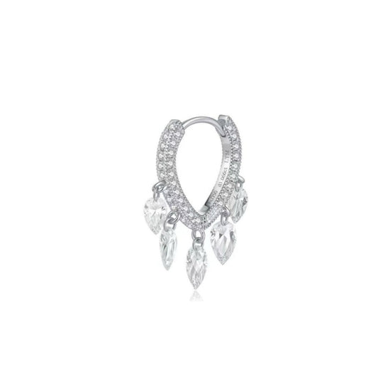 Silver hoop earring with clear gemstones on a white background