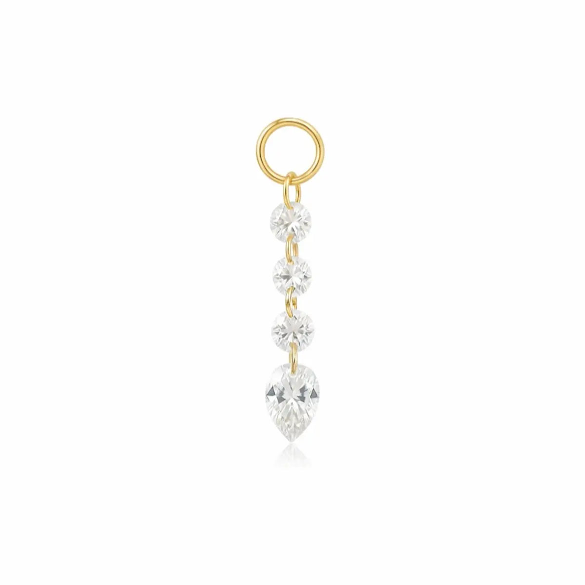 A luxurious 18K solid gold Pear Trio Round Diamond Charm from the LTM Jewels Celestial Drift collection. This exquisite jewelry charm features three pear-cut lab-grown diamonds and a brilliant round diamond in a star-like cluster setting. Designed for modular ear stacks, this 18K gold charm showcases VVS-VS clarity and D-E color diamonds, offering a sustainable yet high-fashion aesthetic for personalized earring curations and luxury gifting.