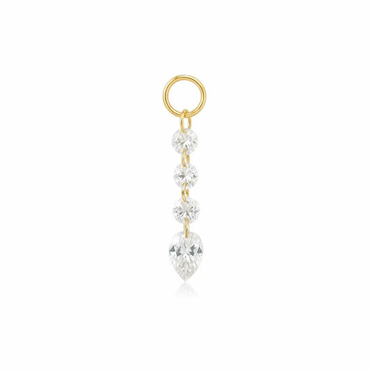 A luxurious 18K solid gold Pear Trio Round Diamond Charm from the LTM Jewels Celestial Drift collection. This exquisite jewelry charm features three pear-cut lab-grown diamonds and a brilliant round diamond in a star-like cluster setting. Designed for modular ear stacks, this 18K gold charm showcases VVS-VS clarity and D-E color diamonds, offering a sustainable yet high-fashion aesthetic for personalized earring curations and luxury gifting.