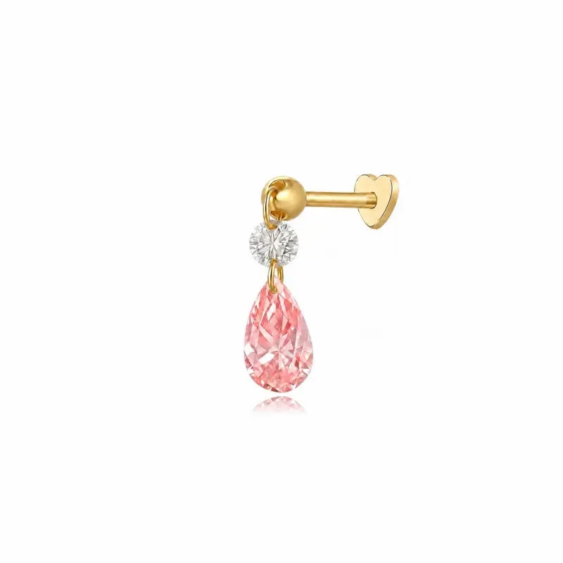 Pink Pear and Round Floating Lab Diamond Stud Earring in 18K solid gold by LTM & CO.™, featuring a pink pear-shaped diamond suspended beneath a small round white diamond accent