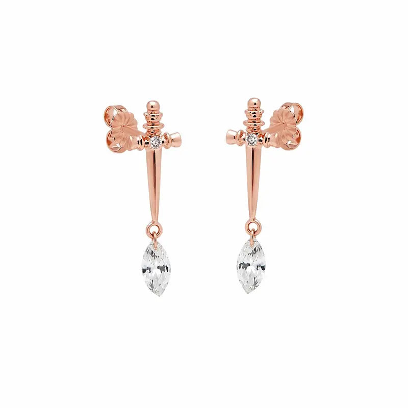 Sword Marquise Dangle Threaded Stud Earring in 18K solid gold by LTM & CO.™, featuring a sharp sword motif with marquise diamond drop.