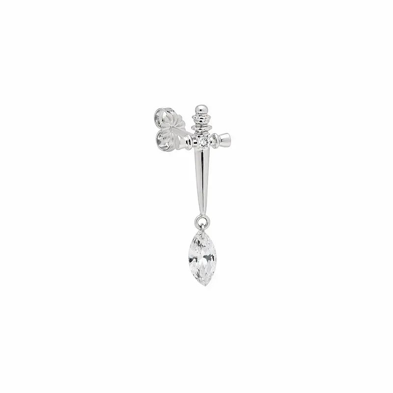 Sword Marquise Dangle Threaded Stud Earring in 18K solid gold by LTM & CO.™, featuring a sharp sword motif with marquise diamond drop.