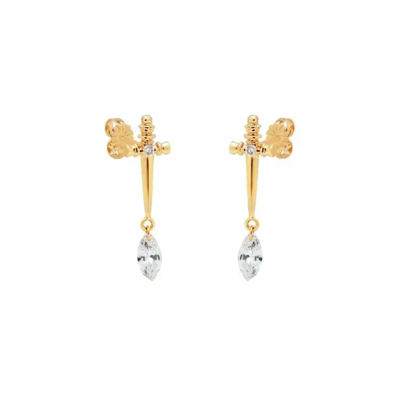Sword Marquise Dangle Threaded Stud Earring in 18K solid gold by LTM & CO.™, featuring a sharp sword motif with marquise diamond drop.