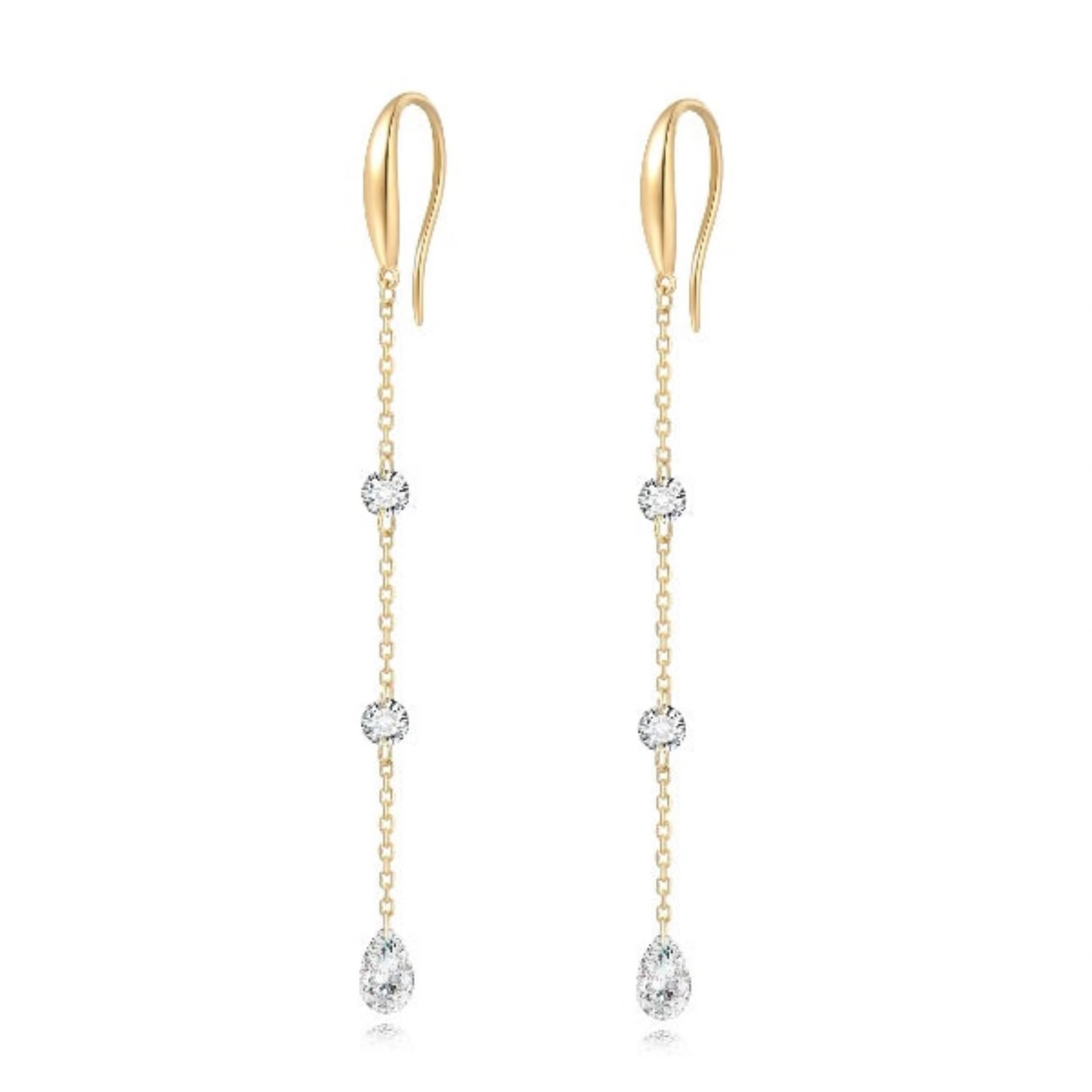 A high-resolution photo of the Triple Diamond Chain Dangle Hoop from LTM Jewels. Showcases 0.40ctw of round and pear diamonds on an 18K solid gold chain, emphasizing its vertical raindrop effect and cinematic sparkle.