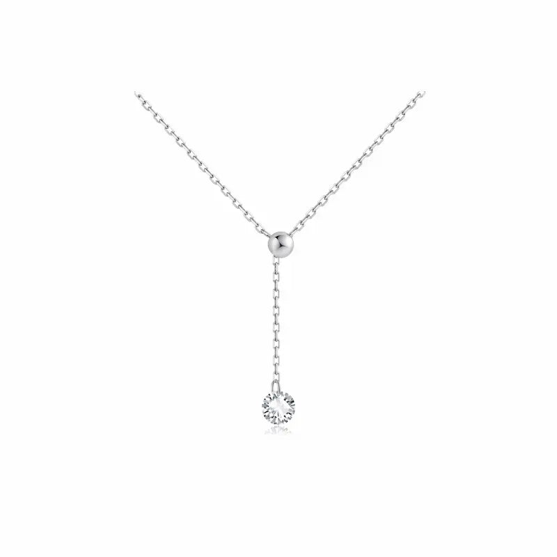 A high-resolution product studio photograph of the Adjustable Round Diamond Necklace from the LTM Jewels Radiant Drift collection. Handcrafted in 18K solid gold, the necklace features a 0.2ct round brilliant lab-grown diamond of VVS-VS clarity and D-E color. The image highlights the delicate fine-link chain and the innovative sliding silicone bead mechanism that allows for adjustable diamond placement and length. The high-polish AU750 gold finish is displayed against a professional clean background.