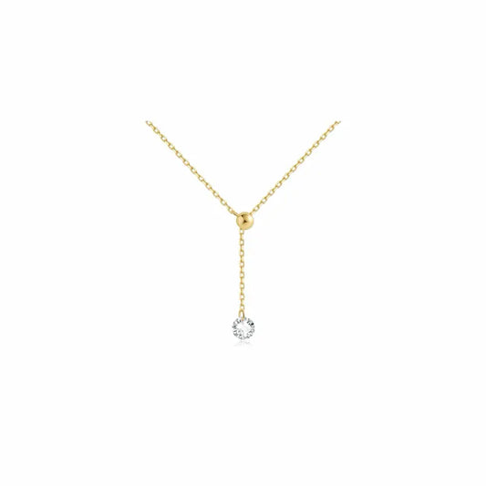 A high-resolution product studio photograph of the Adjustable Round Diamond Necklace from the LTM Jewels Radiant Drift collection. Handcrafted in 18K solid gold, the necklace features a 0.2ct round brilliant lab-grown diamond of VVS-VS clarity and D-E color. The image highlights the delicate fine-link chain and the innovative sliding silicone bead mechanism that allows for adjustable diamond placement and length. The high-polish AU750 gold finish is displayed against a professional clean background.
