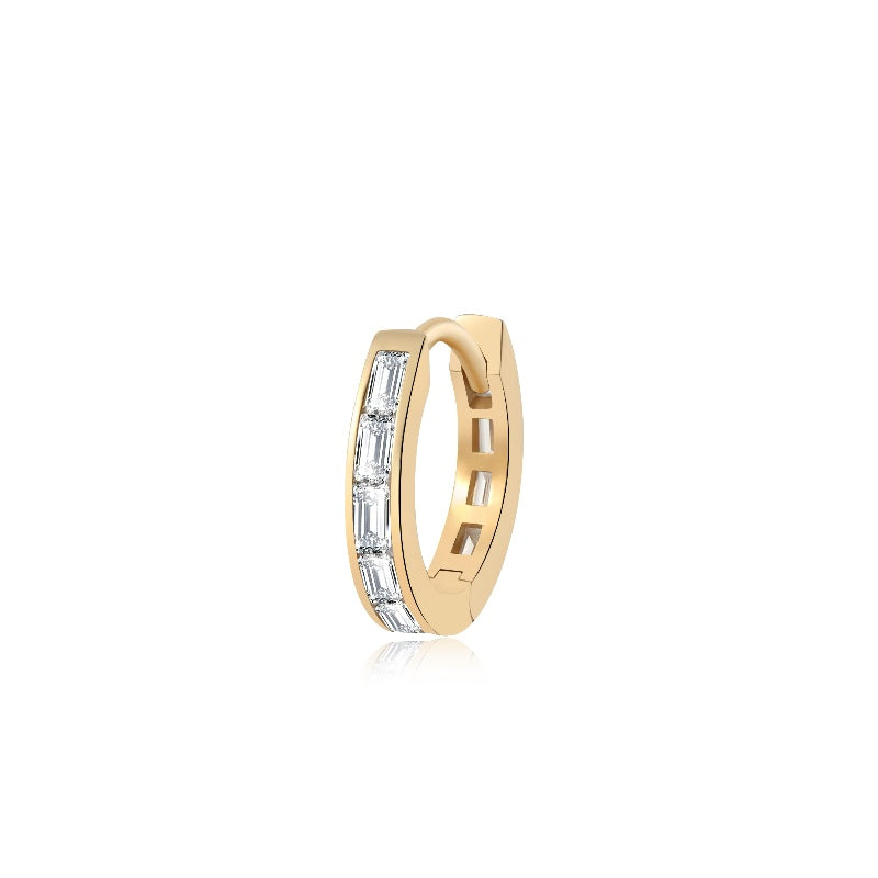 18K solid gold hoop earring featuring 10 straight baguette diamonds