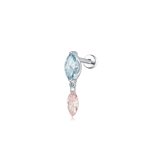 18K solid gold stud featuring a blue and a pink marquise diamond