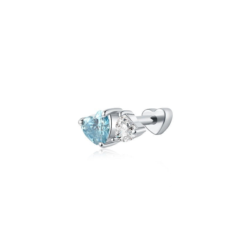 18K solid gold threaded stud featuring blue and white heart-cut lab grown diamonds