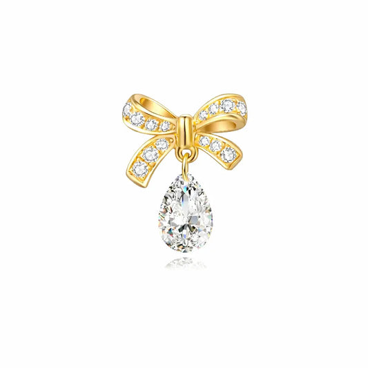 18K solid gold stud with a butterfly bow and dangling pear diamond.