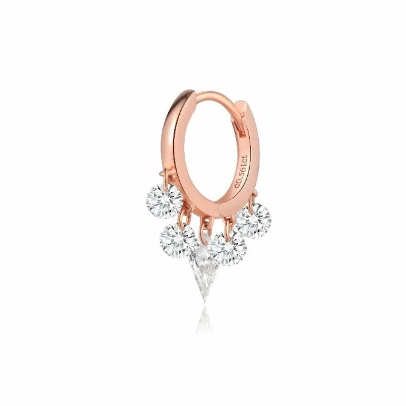 A high-fashion 18K solid gold fringe hoop earring from LTM Jewels, featuring a stunning symmetrical arrangement of five lab-grown diamonds. The design is centered by a modernist laser-drilled kite-cut diamond, flanked by two pairs of brilliant round diamonds that create a rhythmic fringe effect. This 0.55ctw piece from the Celestial Drift collection showcases VVS-VS clarity and D-E color diamonds with a setting-free, floating aesthetic. 