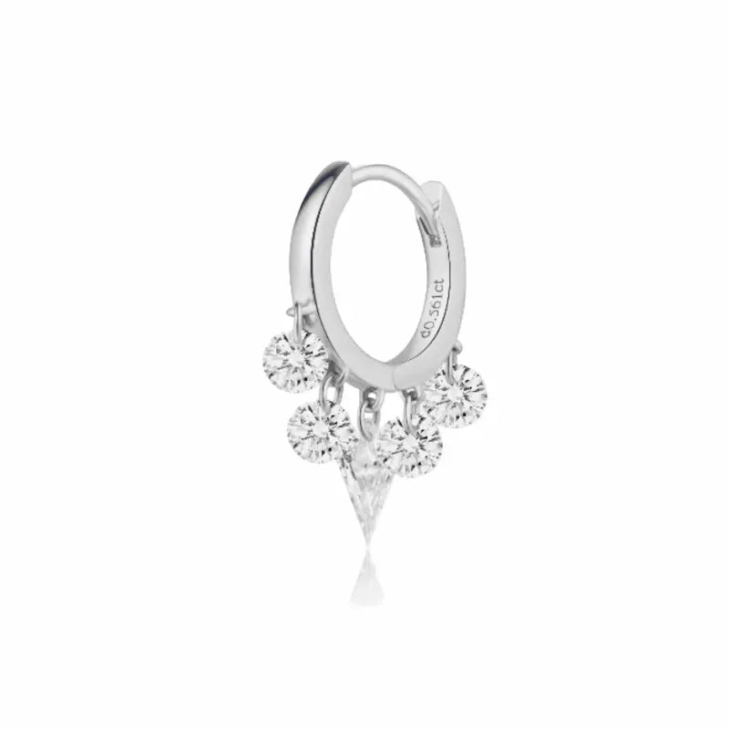 A high-fashion 18K solid gold fringe hoop earring from LTM Jewels, featuring a stunning symmetrical arrangement of five lab-grown diamonds. The design is centered by a modernist laser-drilled kite-cut diamond, flanked by two pairs of brilliant round diamonds that create a rhythmic fringe effect. This 0.55ctw piece from the Celestial Drift collection showcases VVS-VS clarity and D-E color diamonds with a setting-free, floating aesthetic. 