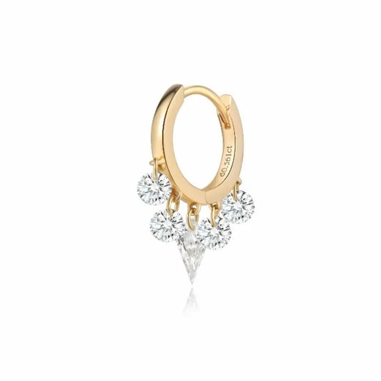A high-fashion 18K solid gold fringe hoop earring from LTM Jewels, featuring a stunning symmetrical arrangement of five lab-grown diamonds. The design is centered by a modernist laser-drilled kite-cut diamond, flanked by two pairs of brilliant round diamonds that create a rhythmic fringe effect. This 0.55ctw piece from the Celestial Drift collection showcases VVS-VS clarity and D-E color diamonds with a setting-free, floating aesthetic. 