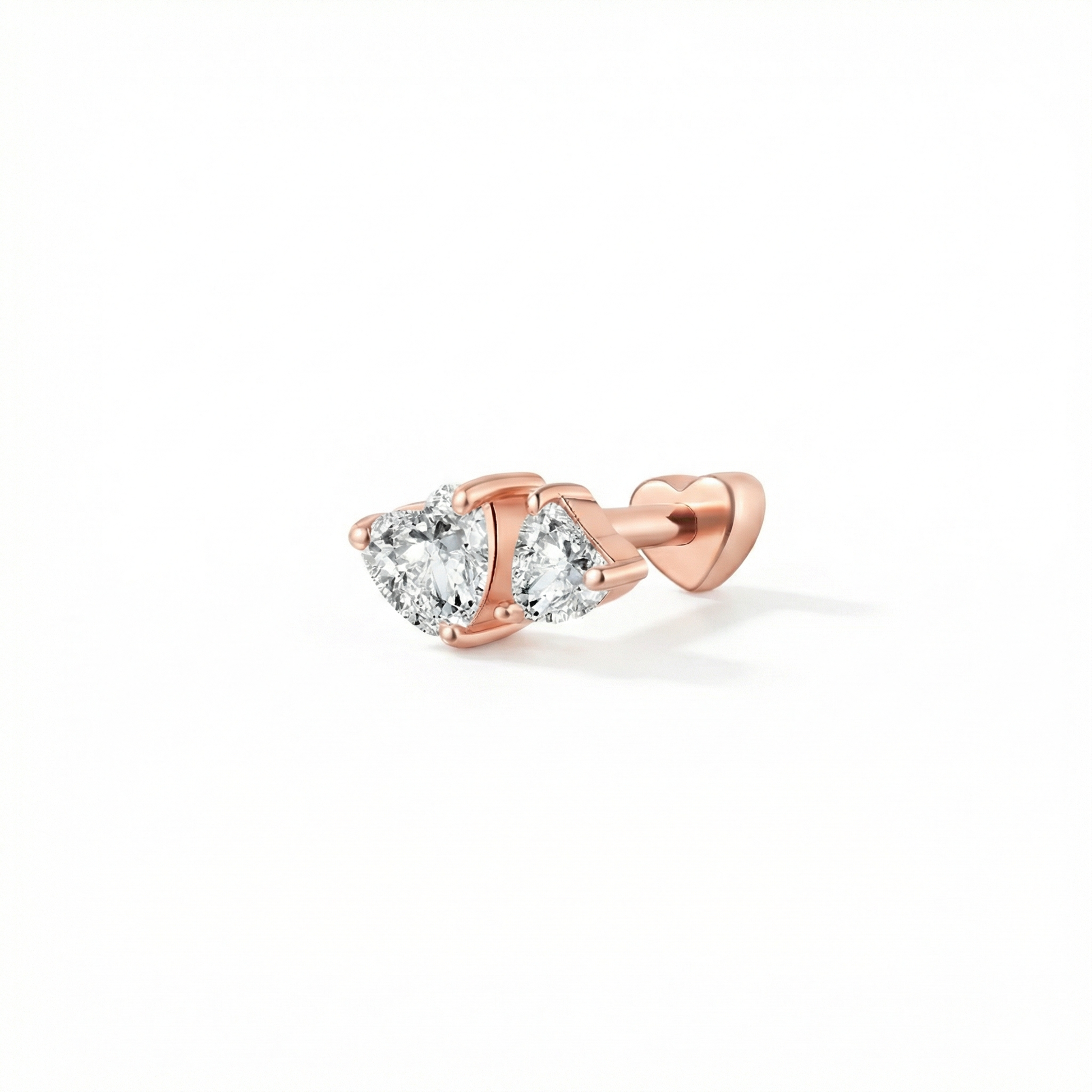 18K solid gold double heart threaded stud with brilliant white diamonds.