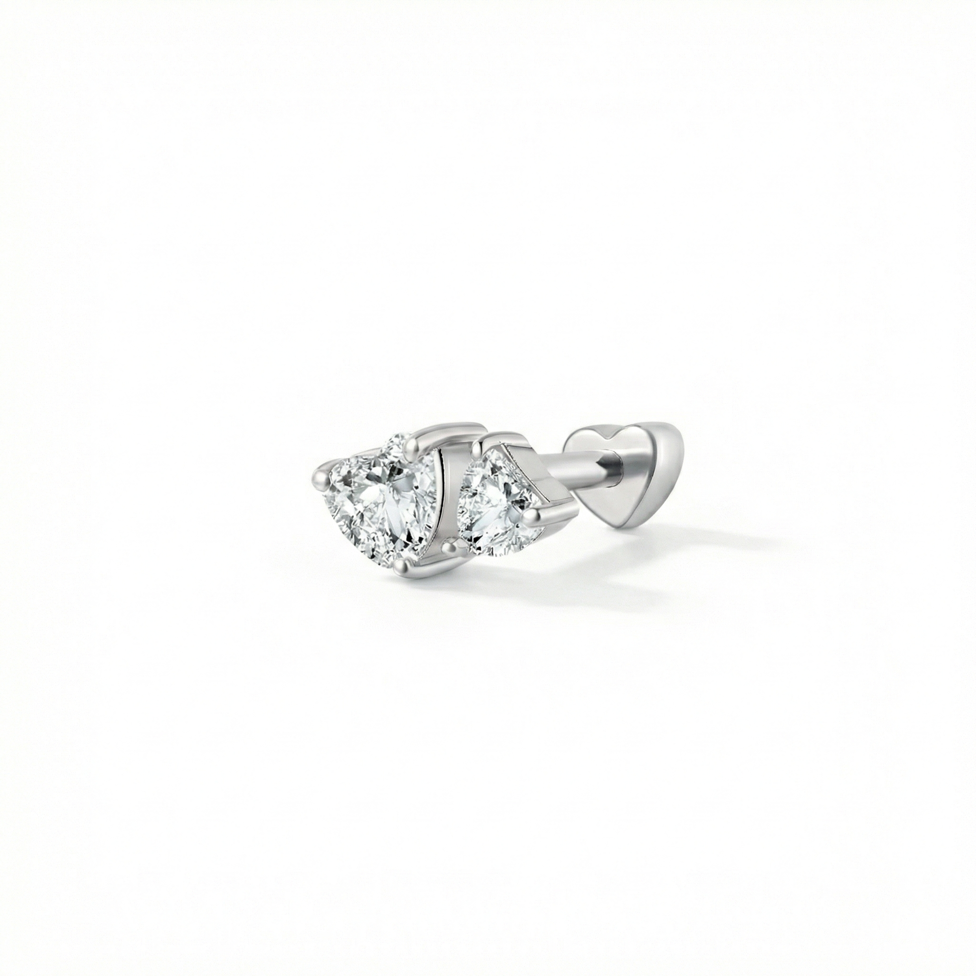 18K solid gold double heart threaded stud with brilliant white diamonds.
