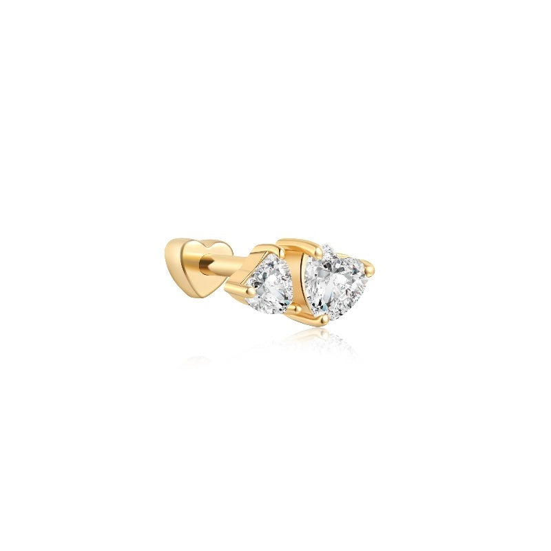 18K solid gold double heart threaded stud with brilliant white diamonds.