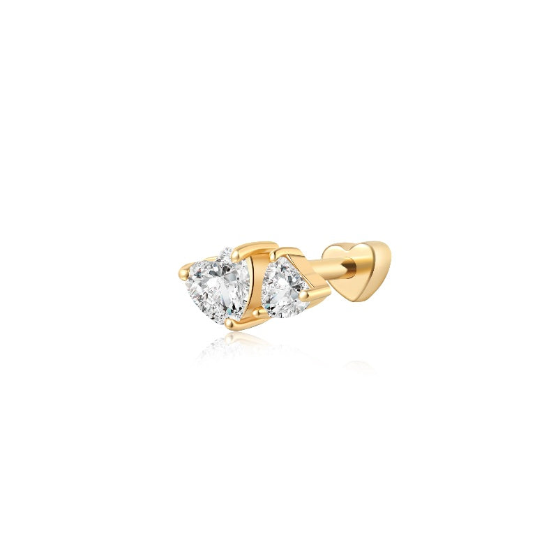 18K solid gold double heart threaded stud with brilliant white diamonds.