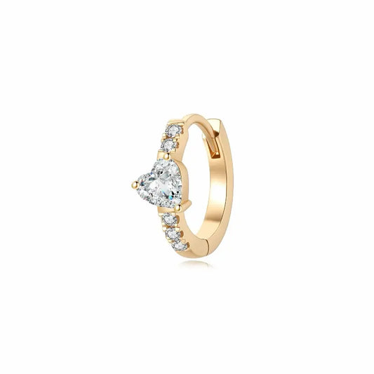 A high-resolution studio photograph of the Heart Pavé Hoop from the LTM Jewels Amorous Contour collection. This 18K solid gold 8mm hoop features a unique heart motif composed of one pear-shaped diamond and five round brilliant diamonds totaling 0.186ctw. The image highlights the high-polish AU750 finish and secure hinge closure against a clean background, showcasing VVS-VS clarity and D-E fire.